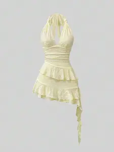 LUNESSIA Knitted Lace Twist Tie Layered Ruffle Hem Frock Sweet Spring Apparel Coquette Vibe