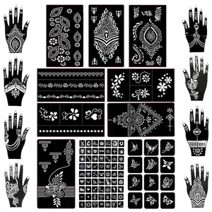 18 Sheets Henna Tattoo Stencil Kit – 97PCS Reusable Glitter Airbrush Templates for Face & Body Art – Temporary Floral Tattoo Stencils for Women & Girls