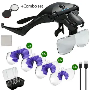 Head-Mounted LED Magnifier, 1x-3.5x Zoom, 5 Interchangeable Lenses, Ideal for Reading, Watch Repair, Soldering, Crafts, Engraving, Inlay