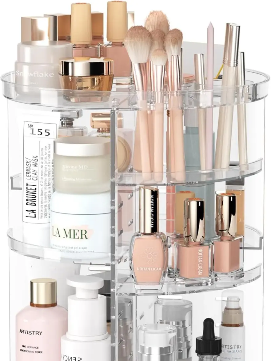 Rotating Makeup Organizer, DIY 8 Adjustable Layers Spinning Skincare Organizer, Cosmetic Display Case with Brush Holder Perfume Tray, Multi-Function Storage Carousel for Vanity Bathroom Countertop