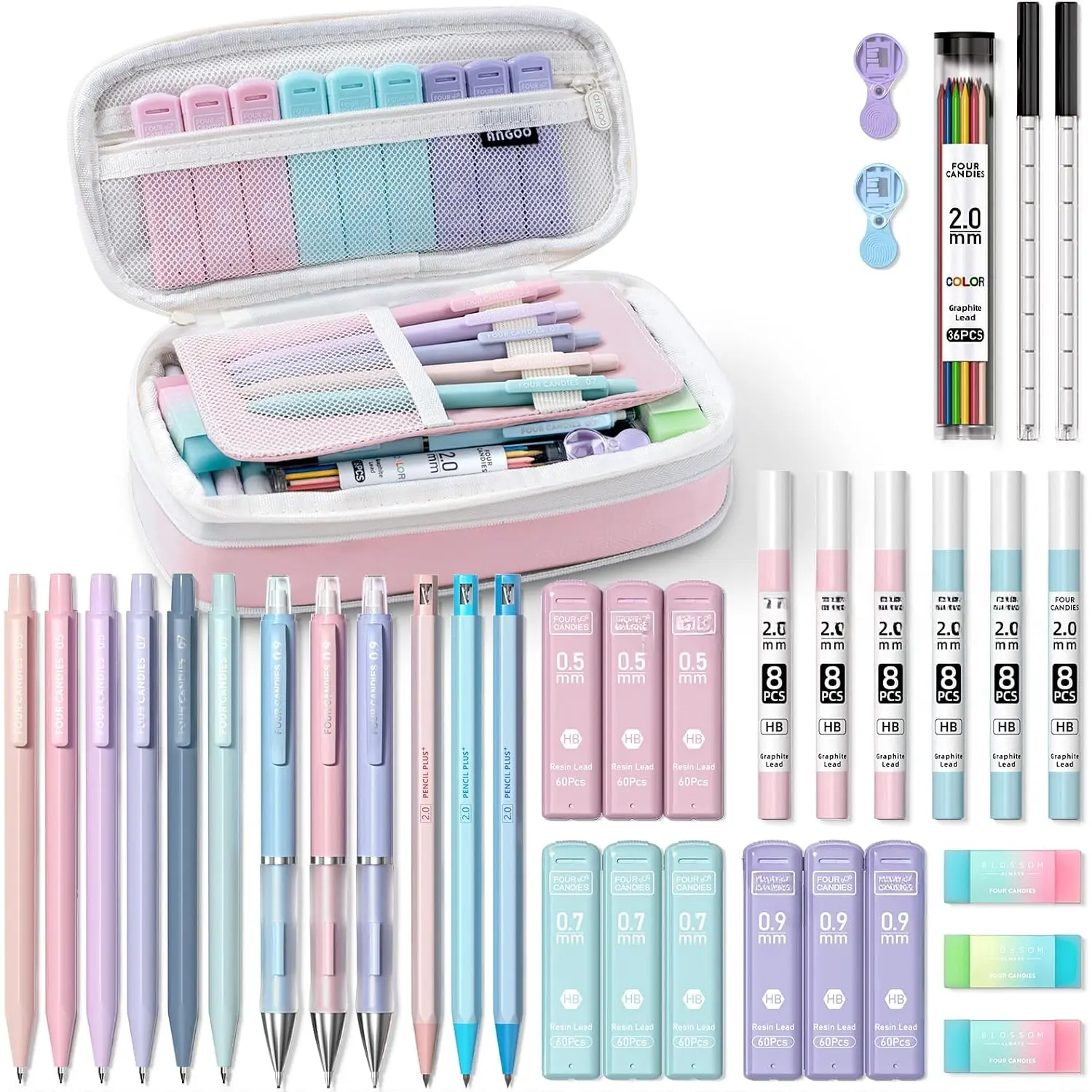 36 count Aesthetic School Supplies, Mechanical Pencils 0.5mm, 0.7mm, 0.9mm & 2.0mm with 624 count Lead Refills, Cute Mechanical Pencils for Writing, Drawing & Drafting (Pink)