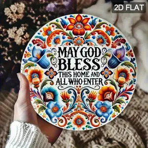 7.87*7.87 Inch (19.81*19.81cm) 2D Flat Round Metal Wall Decor – Vintage Floral Religious "May God Bless This Home" Welcome Sign, Waterproof & Weather-Resistant Aluminum Plaque for Indoor/Outdoor Home, Door, Porch, Entryway