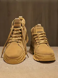 Men's All-Yellow Suede High-Top Work Boots, Retro Casual Style, Suede Material + Side Zipper + Lug Platform Sole, Soft Texture, Easy On/Off , Ideal for Daily Commuting & Outdoor Wear Scenarios