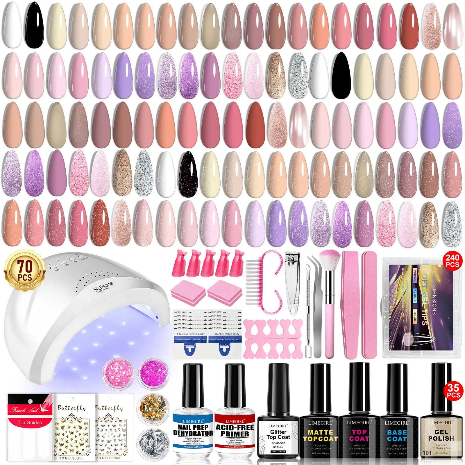 70PCS Nail Polish Kit Acrylic Nail Kit 35color nail gel polish Set With Nail Lamp Top Coat Base Coat MATT Coat Manicure Tools Set Nail Art Kits