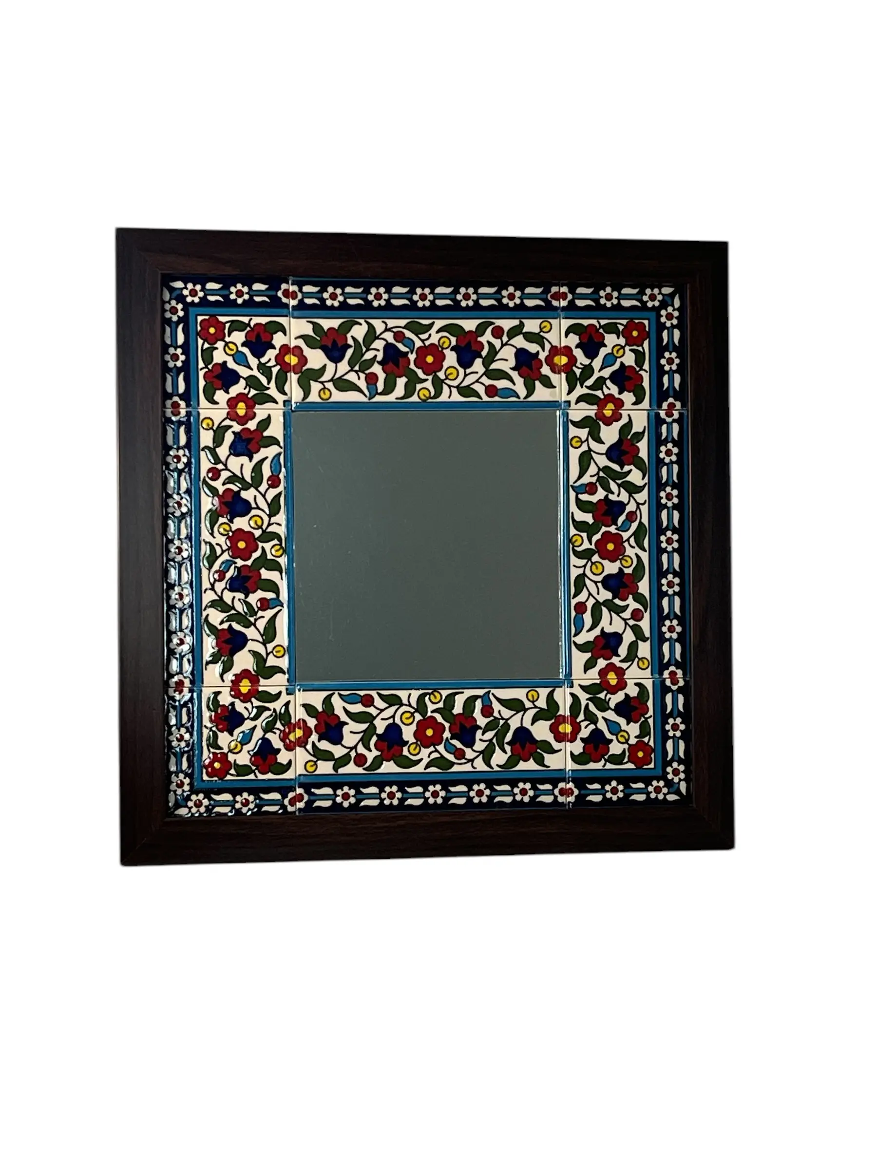 14x14in Ceramic Inlaid Tiles Mirror, Unique Hand-Painted Classic Square Home Decor, Versatile Piece for Office & Indoor Spaces Glass Accent Mirror