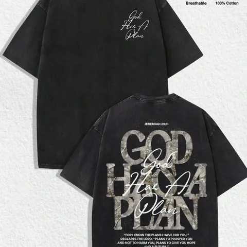 Vintage Washed Black God Has A Plan Jeremiah 29:11 Double Sided Christian T-Shirt, Marble Texture Bold Letter Oversized Cotton Crewneck, Grunge Faith Streetwear Tee For Men Women