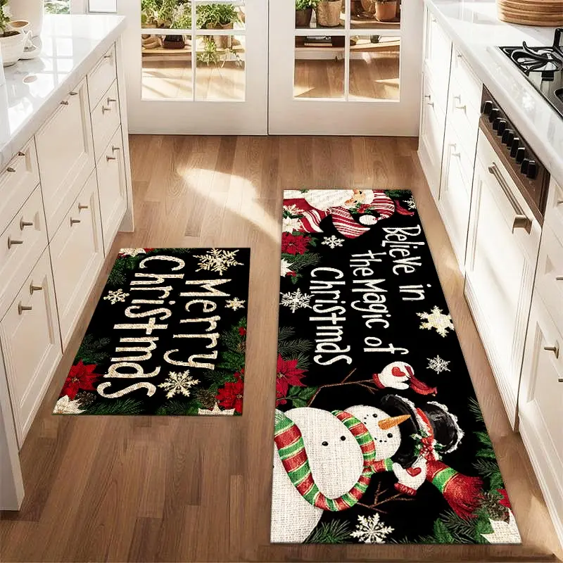 2Pcs Christmas Snowman Santa Claus Floor Mat Set Home Decorative Rug Farmhouse Kitchen Rug Dining Room Flooring Laundry Room Decor Carpet Mat