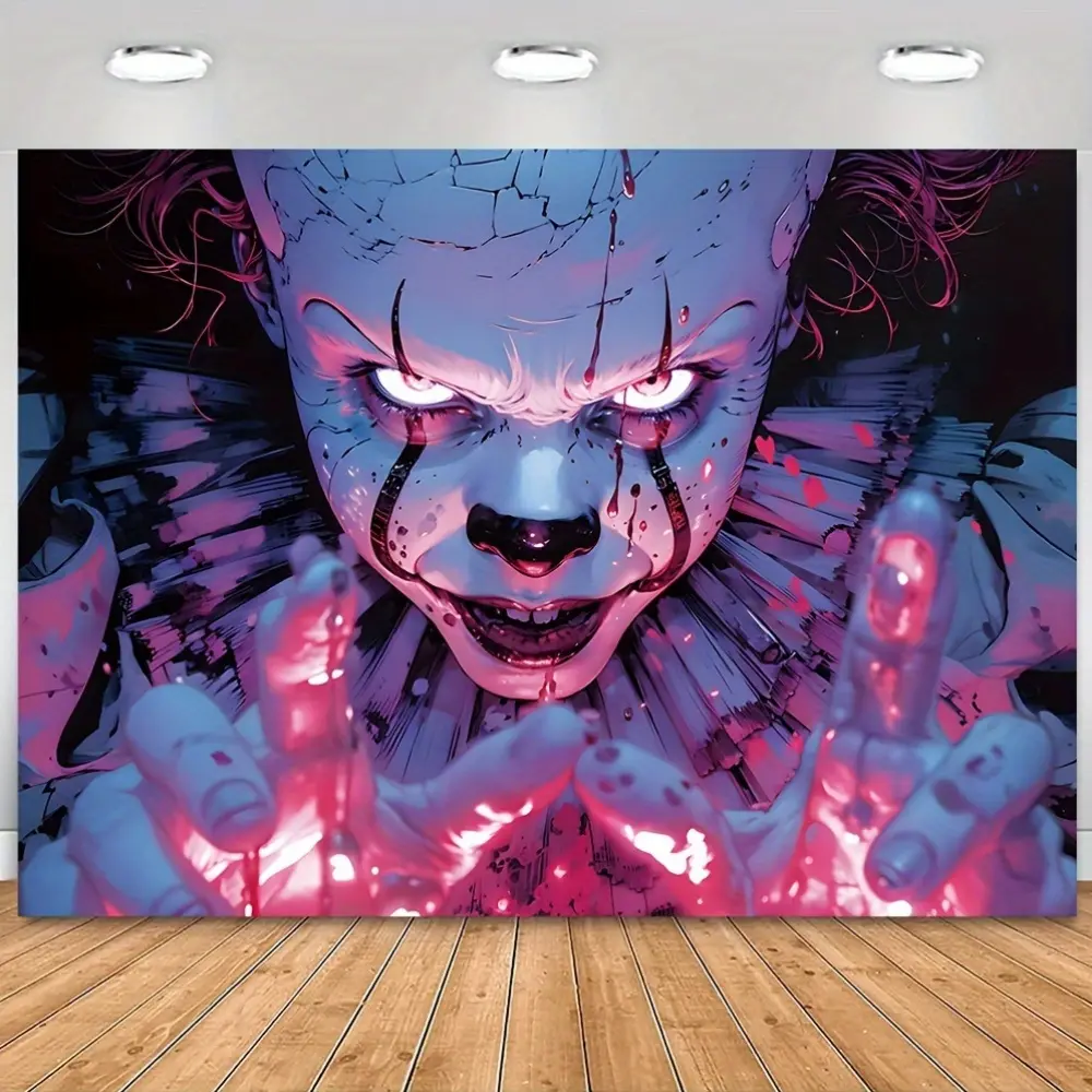 Halloween Horror Clown Vinyl Banner - Glam Look Decorative Textile Decor with Soft Texture, Hanging Loop, Vibrant Print, No Electricity Needed, Multipurpose for Horror and Clown Fans' Party Wall Hanging
