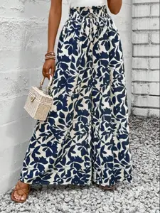 Blue Floral High Waist Wide Leg Pants, Perfect for Summer Vacation and Beach Scenes, Stylish Holiday