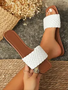 Women's Summer Flat Sandals, Breathable Minimalist Design Knitted Mules, Open Toe Comfortable Casual Vacation Style, Fashionable Sandals, Versatile Women's Flats Rubber