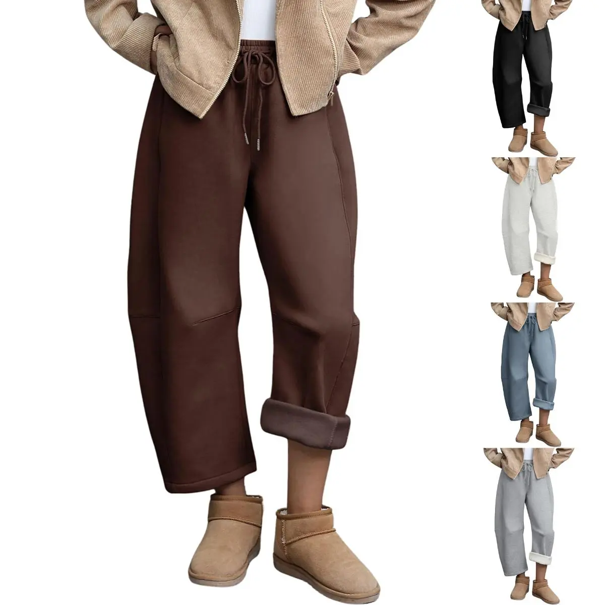 JovenPara Women's Elastic Fleece-Lined Comfy OOTD Bottoms - Casual Activewear Barrel-Leg Drawstring Palazzo Pants with Pockets for Fall Winter, Bottom, Casual Fashion Pants, Activewear With Pockets, Soft Touch Pants, Cotton Blend
