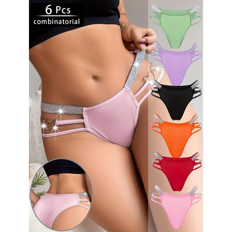 6 Pack Women's Sexy Heart-Shaped Chain Bikini Panties - Mixed Colors, Fashionable Soft Breathable Nylon Blend, Mature Elegant Low-Waist Design, Suitable for Parties and Romantic Dates Swim Knicker