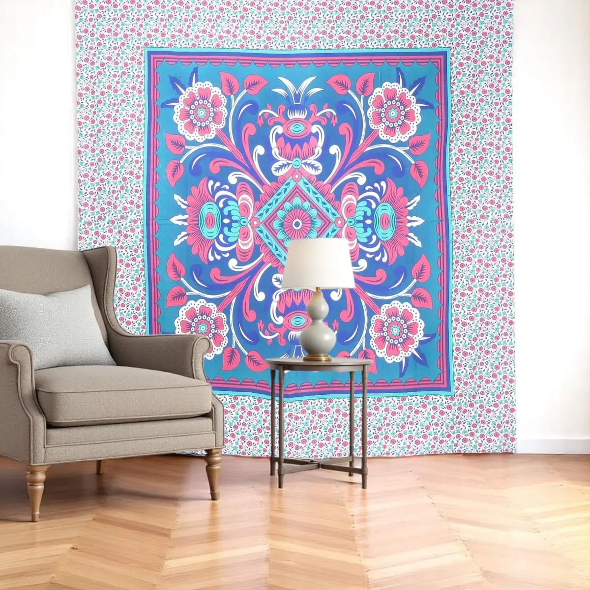 360 stand Cotton Hanging Tapestry, Bohemian Floral Print, 88x84 in Large Rectangle, Blue-Red-White Flower Design, Home Decor for Room Wall, Table Accent, Artwork Print Tapestries, Room Art, Boho Chic Tapestries, Handmade