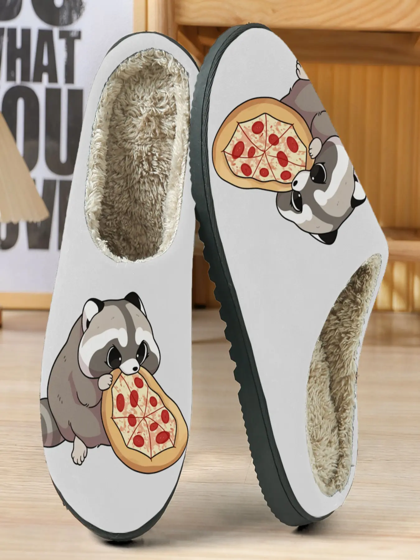 Cute Bear Cotton Slippers, Soft Cartoon Pizza Illustration, Cozy Fleece Lining, Casual Home Wear, Fall & Winter Comfort Shoes