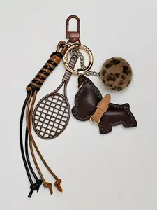 Tennis Themed Tennis Racket Keychain Charm, French Fighting Dog Bag Pendant, Bag Accessories, Bag Decoration Charm, Bag Charms, Suitable For Women & Men, Tennis Charm, Racket Shape Accessories, With White And Brown Beads, A Sports Gift For Tennis Players