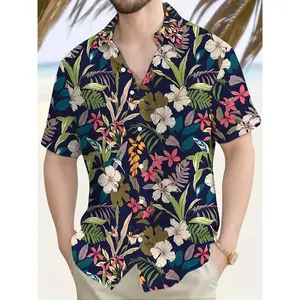Men'S Short-Sleeve Shirt with a Trendy Hawaiian Floral Print for Summer