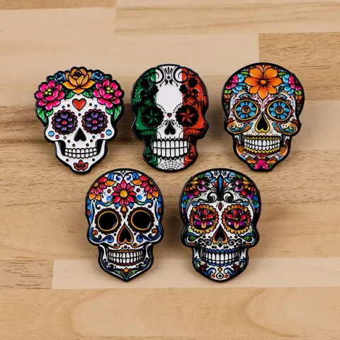 5pcs/Set Mexican Horror Skull Metal Pins, Vintage Punk Style Badges, Fashion Collectible Pins for Bags, Clothes, Hats, Halloween Party Gift, Enamel Lapel Pins