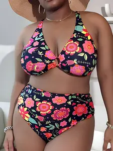 Plus Size Casual Bikini Swimwear Set, Comfortable H Type Design, Ditsy Floral Pattern, Regular Length for Summer Fun, Tropical Print Bikinis