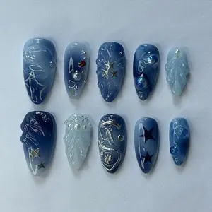 Wedding nails , Blue Almond Nails box hand painted nail, custom press on nails,3D Nailsb, Acrylic Nails ,Fake nails, Nail Art, Dreamy Nails box