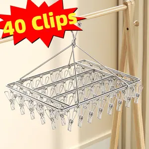 1pc Stainless Steel Hanging Clothes Rack - 40 Clips - Windproof Design - Suitable for Home, Large Stainless Steel Clothes Rack, Rotating Hook Windproof Clothes Rack, Socks and Clothes Rack, Bra, Underwear, Pants, Towel, Clothes Rack  Organiser Hangers