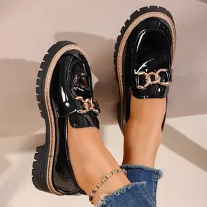 [White Preppy Style Loafers] Chic White Loafers - Soft Sole Platform Shoes with Black Accents, Round Toe, Anti-Slip, Casual Lace-Up Footwear Women Girl Flats Flatform Beige