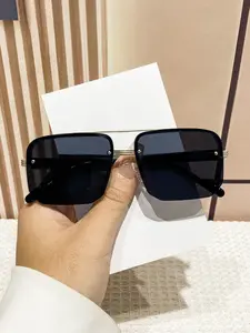 Women's Metal Geometric Flat Top Half Frame Glasses, Classic Frog Style, Fashionable Street Photography Sunglasses, Trendy Accessories