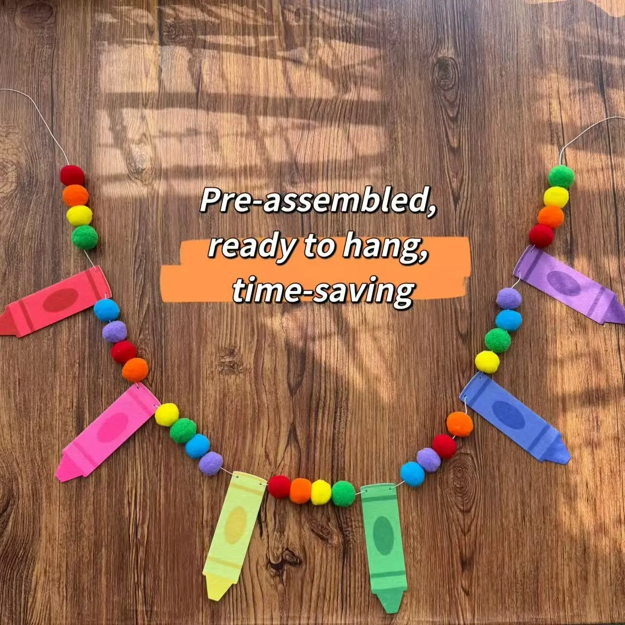 Colorful Pencil and Rainbow Pom-Pom Banner, Back-To-School Banner, First Day of School Decor, Classroom Decoration, Party Supplies, Decoration Banners, Wall Decor Banner