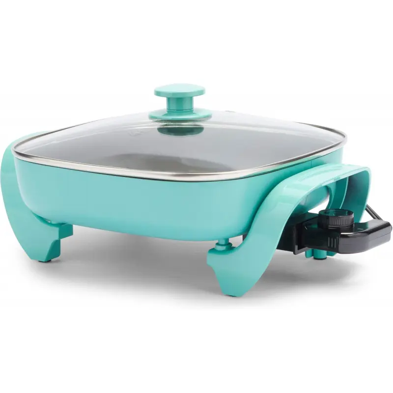 12" Square 5QT Electric Skillet Pancake Maker - PFAS-Free Ceramic Nonstick Interior, Glass Vented Lid, Adjustable Temperature Control, Cool-Touch Handles, Quick Even Heating, Scratch-Resistant Turquoise Kitchen Cookware