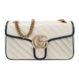 Gucci GG Marmont Distressed Leather Crossbody Bag for Women – White and Blue Color-Blocked Quilted Design