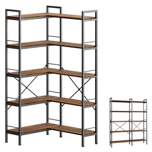Huuger 5 Tier Bookshelf, L Shaped Corner Bookcase with 10 Open Shelves, 49.4 Inch Straight Wide Bookcase with Metal Frame and Wooden Board, Adjustable Feet