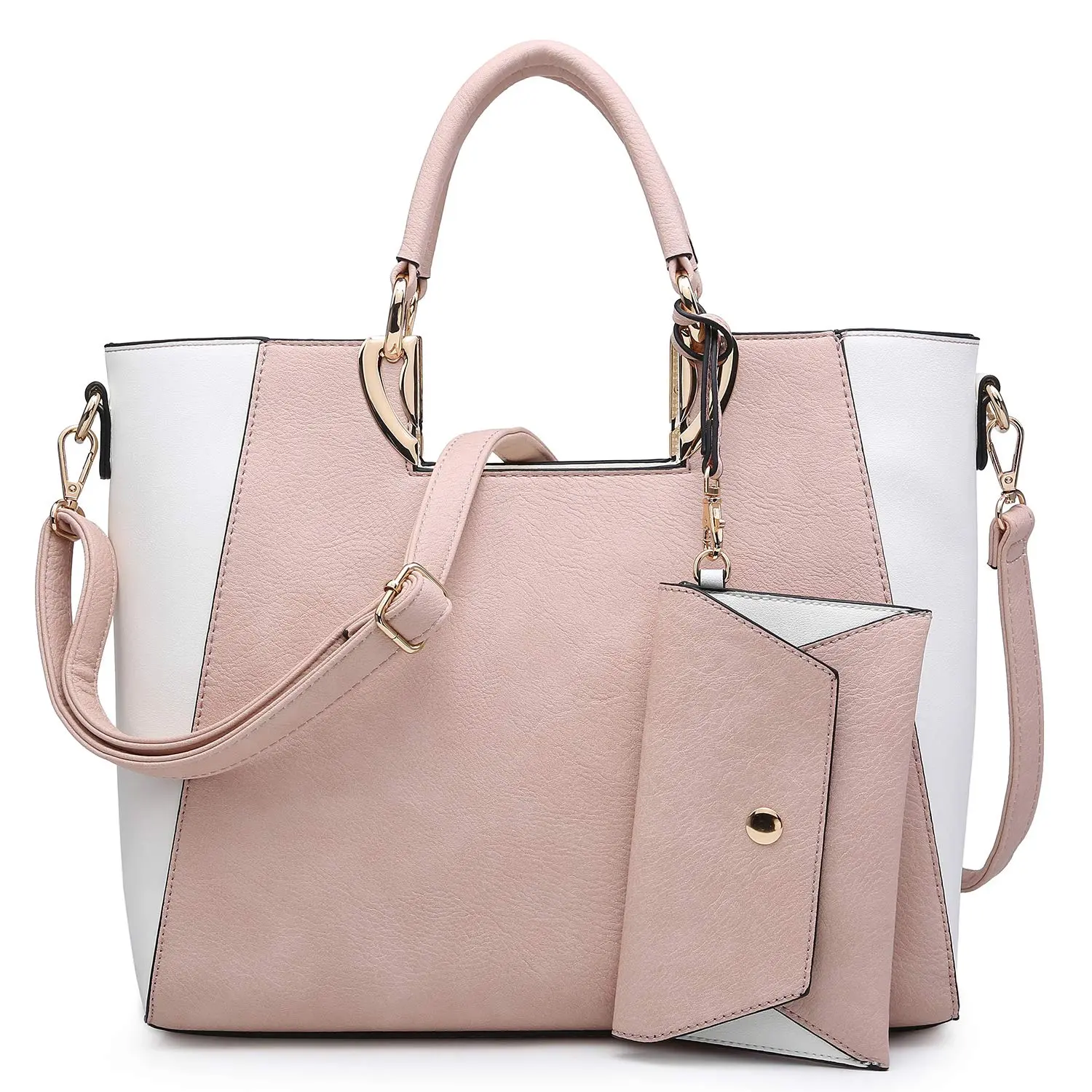 Women Two Tone Handbag Purse Top Handle Shoulder pink casual bag Tote Hobo Work bag Matching Clutch