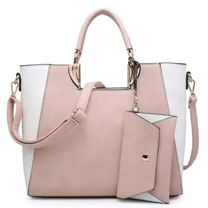 Women Two Tone Handbag Purse Top Handle Shoulder pink casual bag Tote Hobo Work bag Matching Clutch