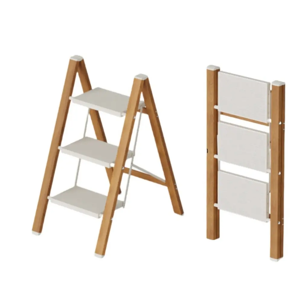 3 White wooden household aluminum folding ladder. Equipped with widened anti-slip steps. Can bear 150 kilograms. Has been treated for rust prevention. Suitable for both indoor and outdoor use. Can be used as a bookshelf, flower stand or storage rack.