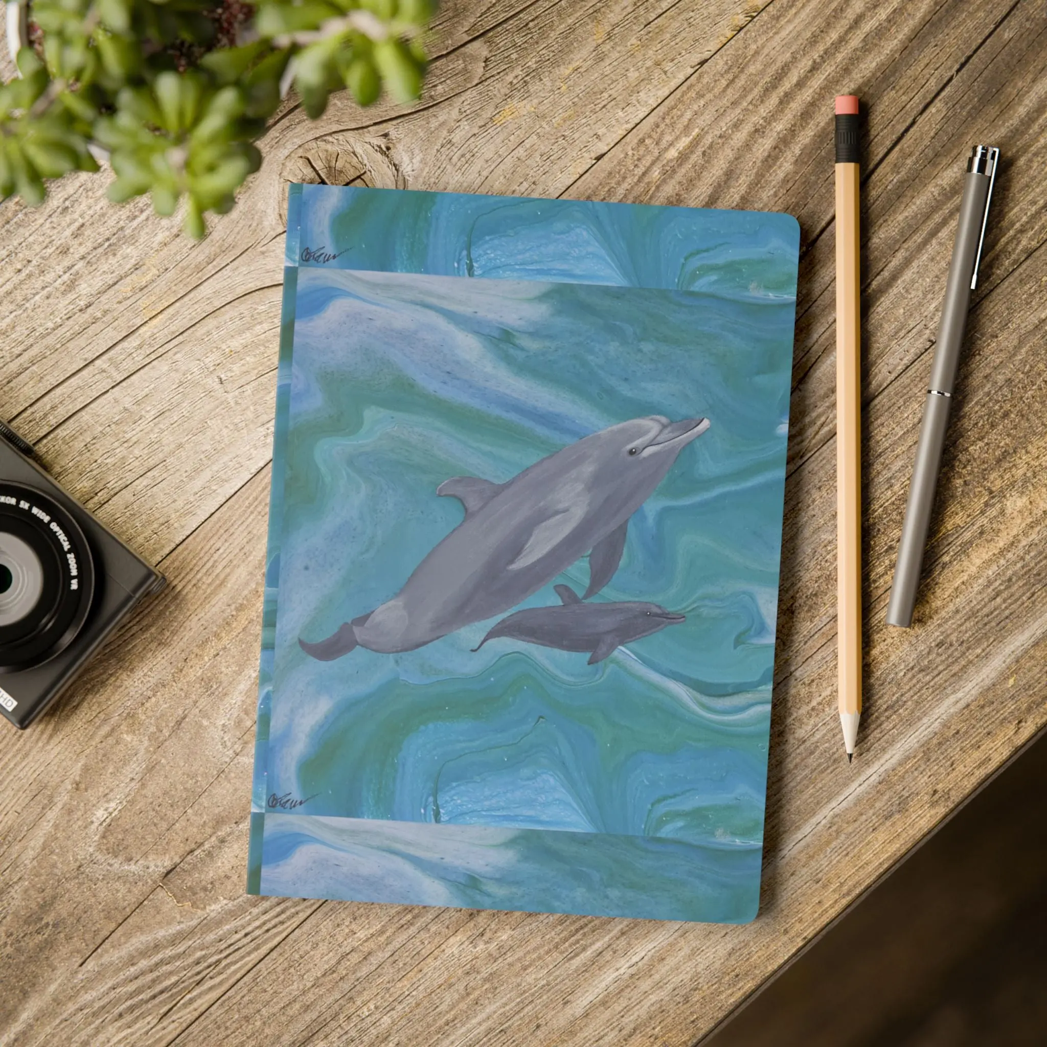 Dolphin Waves Softcover Journal - Ocean-Inspired Custom Graphic, Illustration, Journal Style, Name Design Palm-Sized Notebook with Printed Interior, Custom Graphic Notebooks, Illustration Notebooks