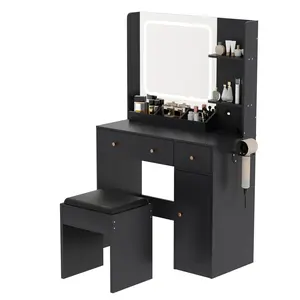 Modern LED Makeup Vanity Desk with Mirror, 4 Drawers & Shelves, 3 Color Dimmable Lights, Dressing Table Set with Stool for Bedroom