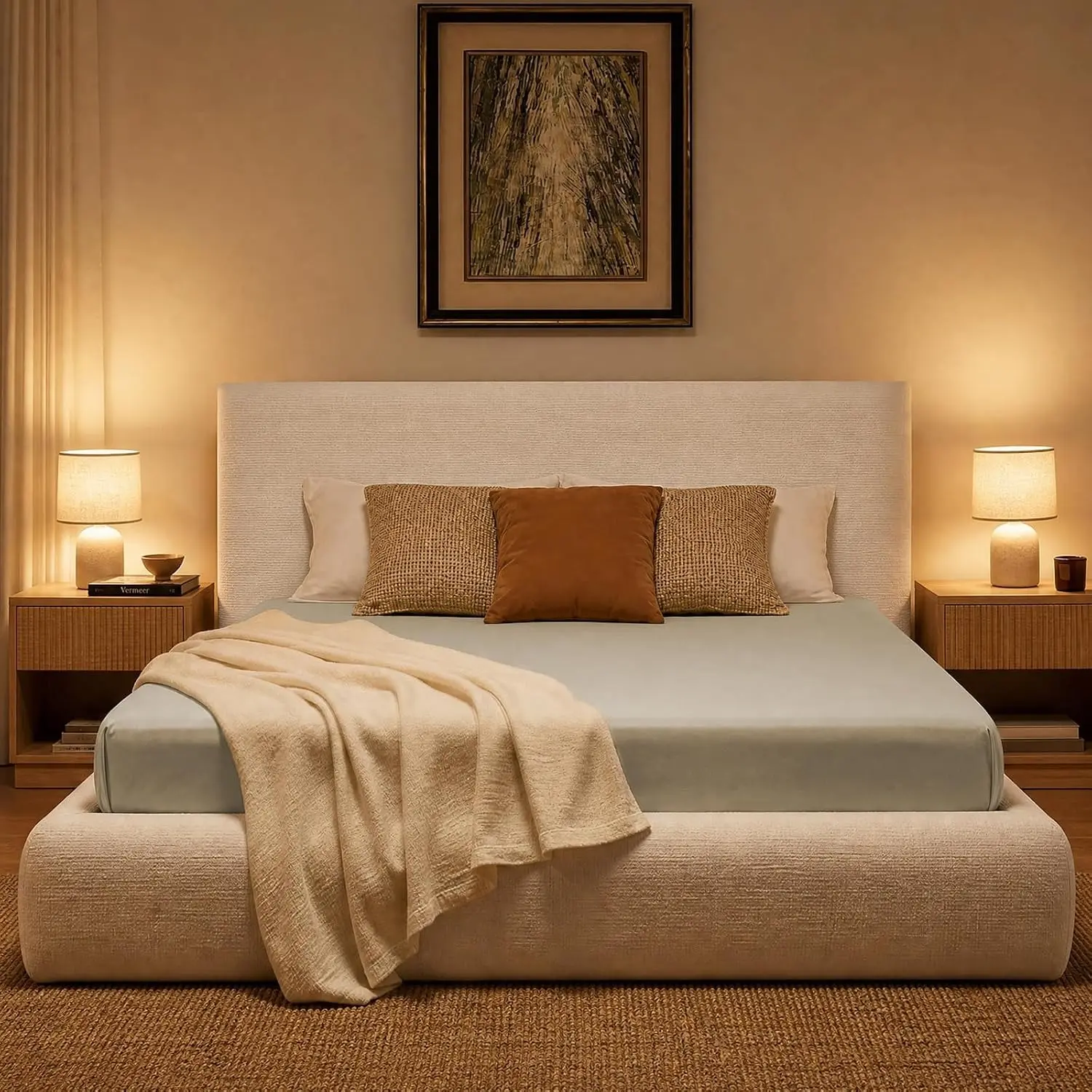 Platform Bed Frame, Upholstered Queen Bed Frame with Headboard, 5.9" Thick Padded Cloud Bed Frame with Ribbed Chenille Fabric, Easy Assembly, No Box Spring Needed, Noise Free, (Cream, White) (Queen, King)
