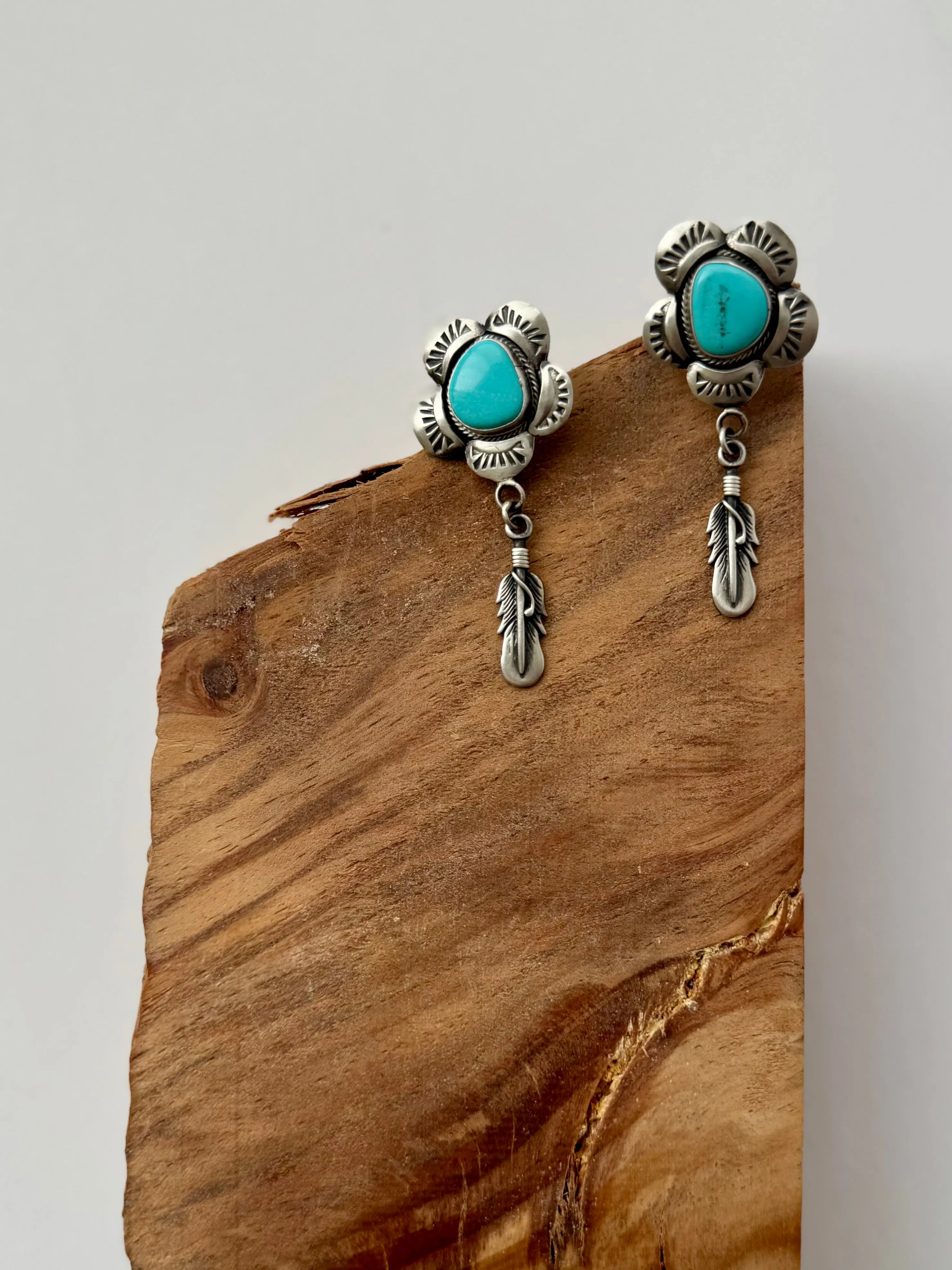 Turquoise Flower and Feather Earrings - Sterling Silver - Native Handmade - OM LOY (Artist)