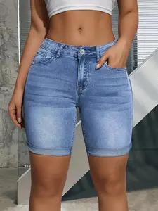 Women's Denim Shorts, Light Blue Elastic Waist, Slimming Multi-Process Pants, Casual Folded Hem Mid-Length, Spring & Summer Fashion