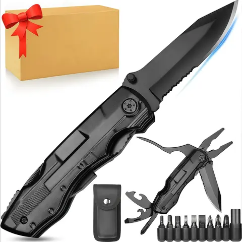 Gifts for Men Multitool Folding Pocket Knife, Stainless Steel Utility Blade, Ideal Stocking Stuffer, Birthday Father's Day Valentine's Day Present for Dad Husband Him, Portable Multi Tool for Camping Outdoor Emergency Survival Use