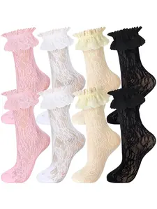 Geyoga 4 Pairs Lace Ruffle Frilly Ankle Socks Women Lace Socks Cute Dress Socks for Women Ladies Princess Accessories