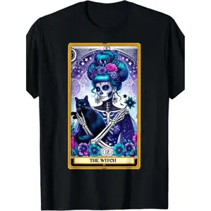 Witch Black Cat Tarot Card Skeleton Vintage Halloween T-Shirt For Women Made In USA