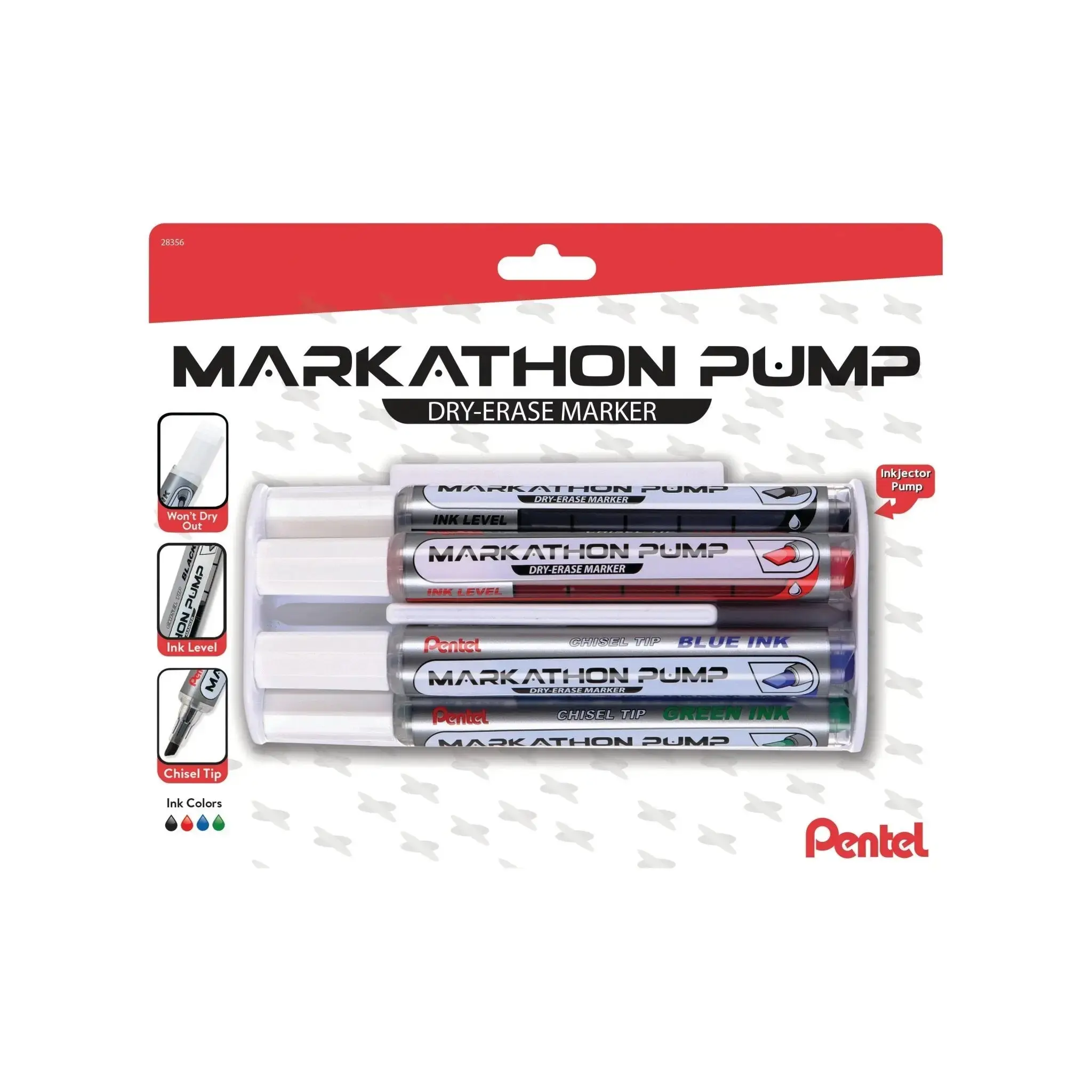 Pentel Markathon Inkjector Pump Dry-Erase Marker, 4-Pack Chisel Tip, Colorful Lines for Classrooms/Offices, Assorted Packs