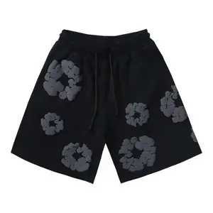 BLACK Fashion Luxury Brand America Kapok Floral Shorts for Men Women Breathable Quick-Drying Best Trendy Daily Casual All Seasons Basic Menswear Trouser Red with White Floral Design