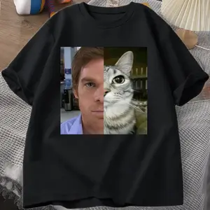 Dexter Morgan Cat Graphic T-Shirt, Funny Retro Harajuku Printed Tops, Unisex O-Neck Cotton Short Sleeve Tee, Vintage Streetwear Aesthetic Oversized Loose Fit Casual Fashion Daily Outdoor Lounge Trendy Gothic Everyday Wear