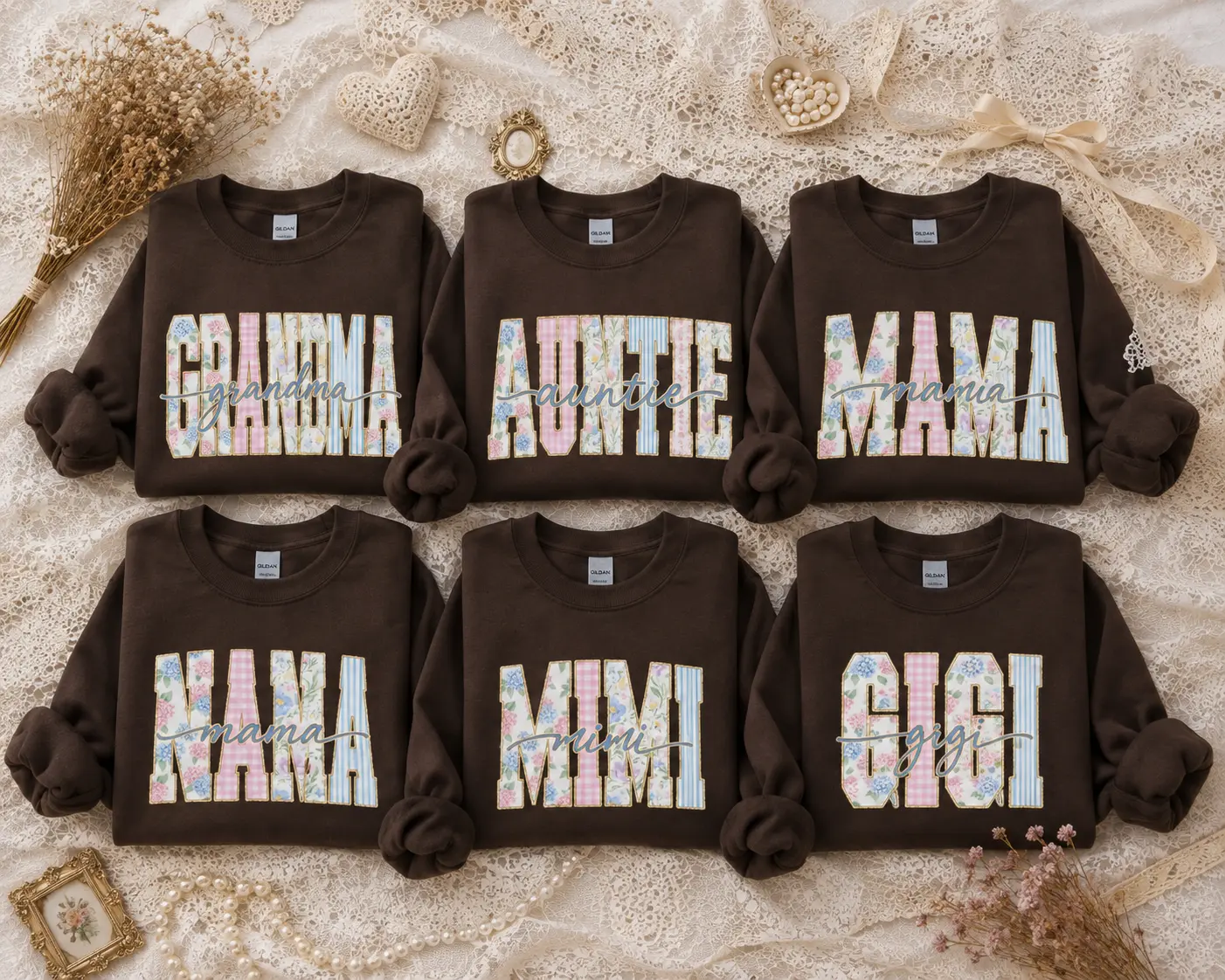 Custom Grandma Auntie Mama Nana Mimi Gigi Sweatshirt, Floral Patchwork Family Crewneck, Personalized Mom Gift for Women, Coquette Brown Shirt, Mother's Day Grandma Gift -DPCLICK