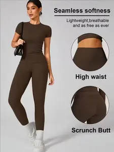 Women's All-Season Quick-Dry Yoga Set, Yoga Activewear, Short Sleeve Top & Long Pants, Casual High-Waisted Elastic Waist Design, Tight-Fit Outdoor Sports Workout Running Clothes