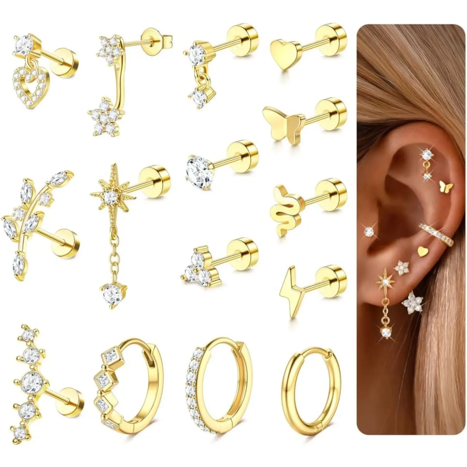 12/15Pcs Stainless Steel  Flatback Stud Earrings Set for Women Girls 14K Gold Plated CZ Hoop Huggie Earring Heart Butterfly Flat Back Earrings Hypoallergenic Cartilage Conch Daith Tragus Rook Helix Piercing Jewellery