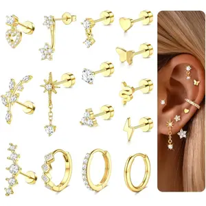 12/15Pcs Stainless Steel  Flatback Stud Earrings Set for Women Girls 14K Gold Plated CZ Hoop Huggie Earring Heart Butterfly Flat Back Earrings Hypoallergenic Cartilage Conch Daith Tragus Rook Helix Piercing Jewellery
