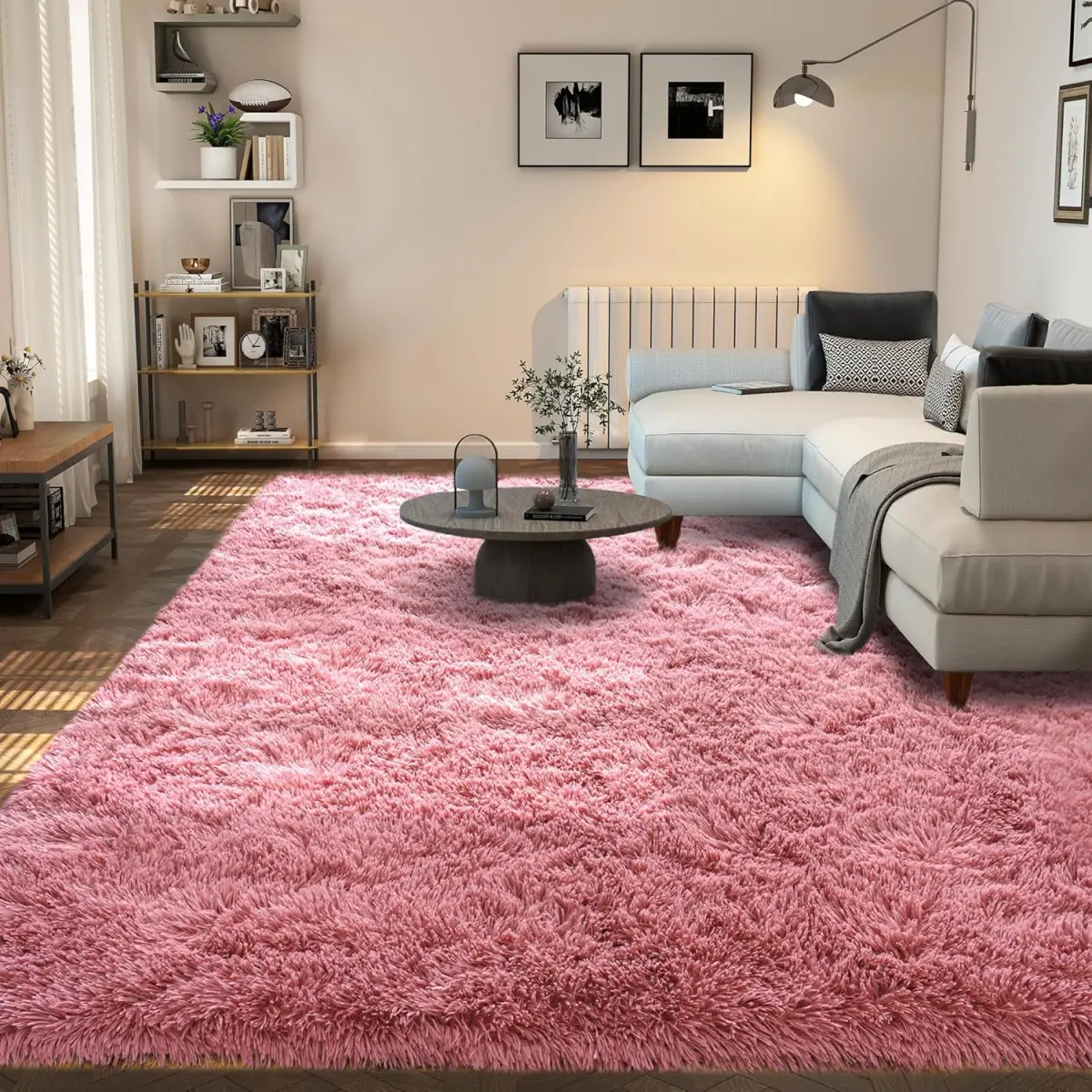 JAKOLIVE Blush Pink Traditional Crochet Rectangle Fluffy Area Rug - Extra Soft Shaggy Area Rug for Living Room, Bedroom, Home Decoration Gift, Fluffy Area Rugs