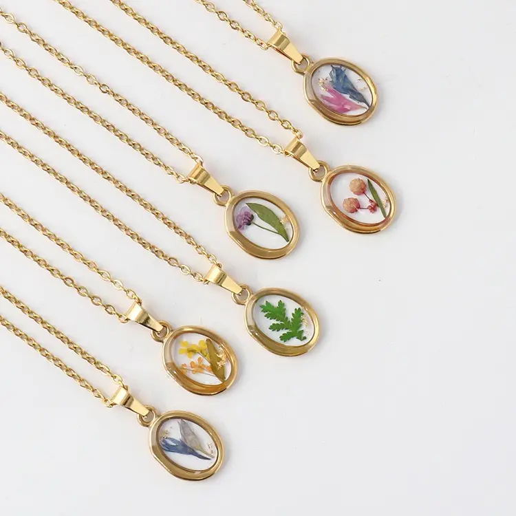 Women's Dried Flower Necklace - Small Oval Transparent Botanical Pendant with Stainless Steel Frame, Gold or Rose Gold Tone Costume Jewelry Gift